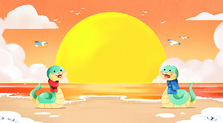 PSD 일러스트 갈매기 해변 사람없음 태양 일출 목도리 새해인사 뱀띠 뱀 뱀캐릭터 청사 을사년 국내일러스트 푸른뱀 자연요소 잡화 바다 동물캐릭터 파충류 조류 새해 노을 십이지신 인사 파일형식 2025년