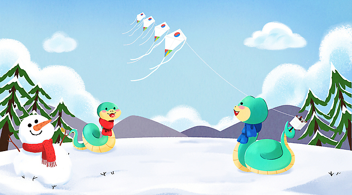 PSD 일러스트 눈사람 사람없음 설원 목도리 새해인사 뱀띠 뱀 연 연날리기 뱀캐릭터 청사 을사년 국내일러스트 푸른뱀 잡화 동물캐릭터 파충류 새해 눈_날씨 놀이용품 전통놀이 십이지신 인사 파일형식 2025년