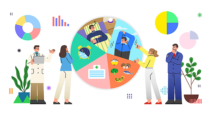 전신 여자 남자 일러스트 그래프 여러명 성인 생활 운동 건강관리 의사 가리킴 잠 시간표 분석 고민 상담 식단 리서치 식습관 성인만 국내일러스트 AI파일 감정 다수 컨셉 건강 관리 사람 손짓 의료진 계획 파일형식 벡터