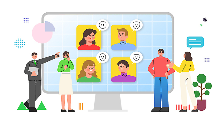 전신 헤어스타일 여자 남자 일러스트 여러명 성인 태블릿 모니터 가리킴 분석 상담 리서치 스타일링 성인만 국내일러스트 AI파일 다수 컨셉 사람 손짓 전자제품 스마트기기 컴퓨터 파일형식 벡터