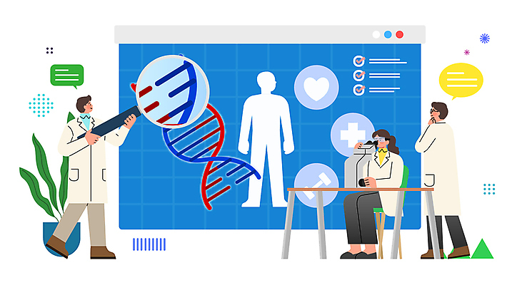 전신 여자 남자 일러스트 돋보기 건강 현미경 들기 성인 세명 의사 DNA 분석 리서치 성인만 국내일러스트 AI파일 컨셉 모션 실험기구 사람 의료진 생명공학 파일형식 벡터