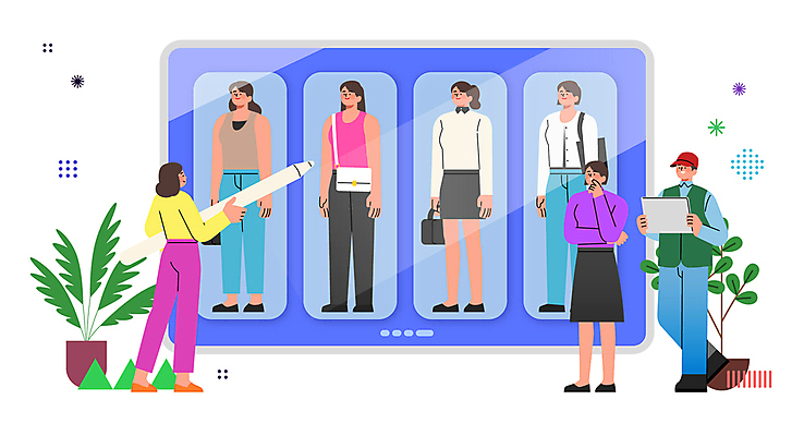 전신 옷 여자 패션 남자 일러스트 성인 세명 태블릿 분석 고민 상담 리서치 스타일링 터치펜 성인만 국내일러스트 AI파일 감정 컨셉 사람 전자제품 스마트기기 펜 파일형식 벡터