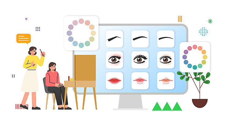 전신 여자 말풍선 일러스트 성인 두명 화장 뷰티 눈썹 분석 입술 상담 화장대 리서치 스타일링 아티스트 안구 성인여자만 국내일러스트 AI파일 직업 얼굴 가구 컨셉 사람 신체부위 여자만 성인만 파일형식 벡터