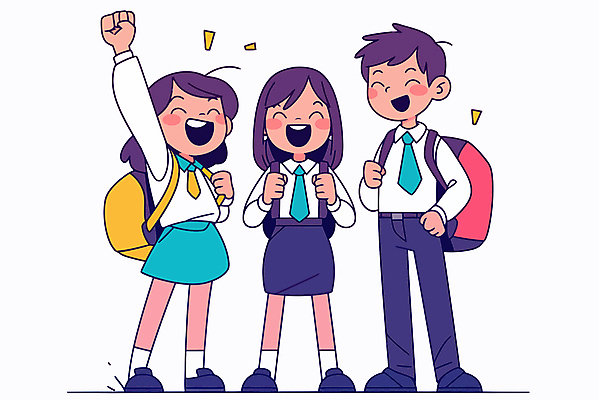 전신 학생 여자 교육 남자 행복 교복 가방 일러스트 청소년 웃음 세명 친구 손들기 우정 만세 성장 십대만 일러캐릭터 AI파일 캐릭터 잡화 옷 감정 관계 모션 표정 사람 파일형식 벡터