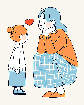 전신 여자 딸 행복 어린이 일러스트 엄마 표정 대화 사랑 미소 소녀 성인 두명 마주보기 주황색 하트 마음 웅크림 여자만 국내일러스트 AI파일 모양 감정 컬러 가족 모션 말하기 사람 파일형식 벡터
