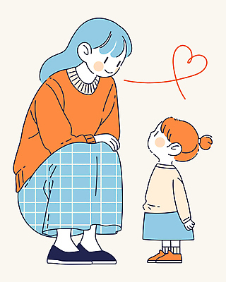 전신 여자 딸 행복 어린이 일러스트 엄마 표정 대화 사랑 미소 소녀 성인 두명 마주보기 주황색 하트 마음 웅크림 여자만 국내일러스트 AI파일 모양 감정 컬러 가족 모션 말하기 사람 파일형식 벡터
