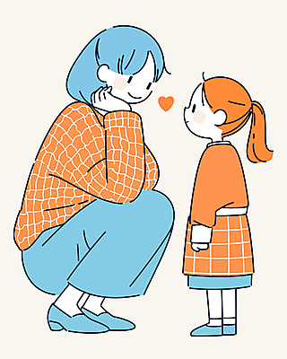 전신 여자 딸 행복 어린이 일러스트 엄마 표정 대화 사랑 미소 소녀 성인 두명 마주보기 주황색 하트 마음 웅크림 여자만 국내일러스트 AI파일 모양 감정 컬러 가족 모션 말하기 사람 파일형식 벡터