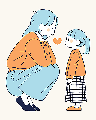 전신 여자 딸 행복 어린이 일러스트 엄마 표정 대화 사랑 미소 소녀 성인 두명 마주보기 주황색 하트 마음 웅크림 여자만 국내일러스트 AI파일 모양 감정 컬러 가족 모션 말하기 사람 파일형식 벡터