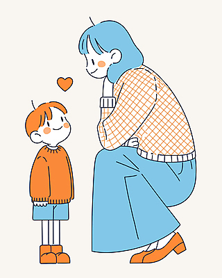 전신 여자 남자 행복 아들 어린이 일러스트 엄마 표정 대화 사랑 미소 소년 성인 두명 마주보기 주황색 하트 마음 웅크림 국내일러스트 AI파일 모양 감정 컬러 가족 모션 말하기 사람 파일형식 벡터