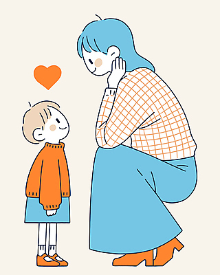 전신 여자 남자 행복 아들 어린이 일러스트 엄마 표정 대화 사랑 미소 소년 성인 두명 마주보기 주황색 하트 마음 웅크림 국내일러스트 AI파일 모양 감정 컬러 가족 모션 말하기 사람 파일형식 벡터