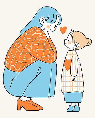 전신 여자 딸 행복 어린이 일러스트 엄마 표정 대화 사랑 미소 소녀 성인 두명 마주보기 주황색 하트 마음 웅크림 여자만 국내일러스트 AI파일 모양 감정 컬러 가족 모션 말하기 사람 파일형식 벡터