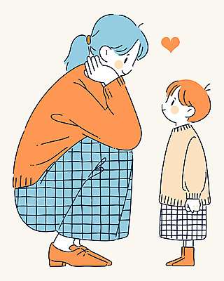 전신 여자 남자 행복 아들 어린이 일러스트 엄마 표정 대화 사랑 미소 소년 성인 두명 마주보기 주황색 하트 마음 웅크림 국내일러스트 AI파일 모양 감정 컬러 가족 모션 말하기 사람 파일형식 벡터