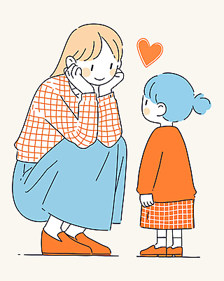 전신 여자 딸 행복 어린이 일러스트 엄마 표정 대화 사랑 미소 소녀 성인 두명 마주보기 주황색 하트 마음 웅크림 여자만 국내일러스트 AI파일 모양 감정 컬러 가족 모션 말하기 사람 파일형식 벡터
