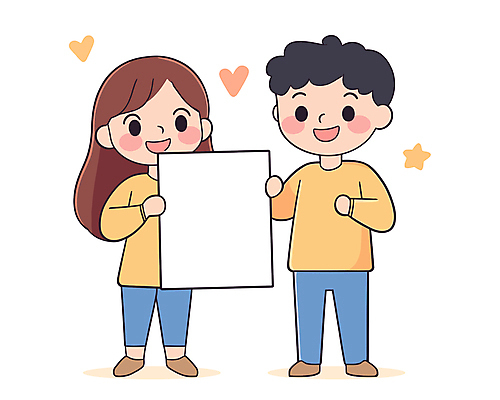 전신 캐릭터 배너 커플 여자 남자 행복 어린이 일러스트 미소 들기 소녀 소년 두명 노란색 어린이만 카피스페이스 일러캐릭터 AI파일 감정 컬러 관계 모션 표정 사람 공백 파일형식 벡터