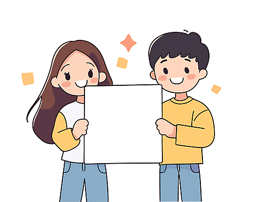 캐릭터 배너 커플 여자 남자 행복 어린이 일러스트 미소 들기 소녀 소년 두명 노란색 어린이만 카피스페이스 일러캐릭터 AI파일 감정 컬러 관계 모션 표정 사람 공백 파일형식 벡터