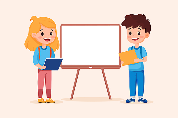 전신 학생 여자 남자 어린이 일러스트 수업 협력 미소 들기 소녀 소년 두명 노란색 칠판 발표 서류판 어린이만 카피스페이스 국내일러스트 AI파일 교육 컬러 모션 표정 사람 사무용품 공백 파일형식 벡터