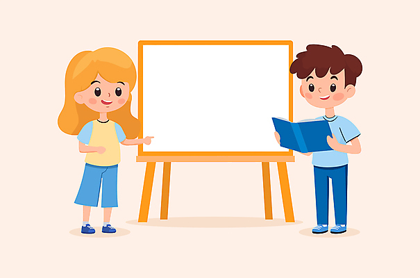 전신 학생 여자 남자 어린이 일러스트 수업 협력 미소 들기 소녀 소년 두명 노란색 칠판 발표 서류판 어린이만 카피스페이스 국내일러스트 AI파일 교육 컬러 모션 표정 사람 사무용품 공백 파일형식 벡터
