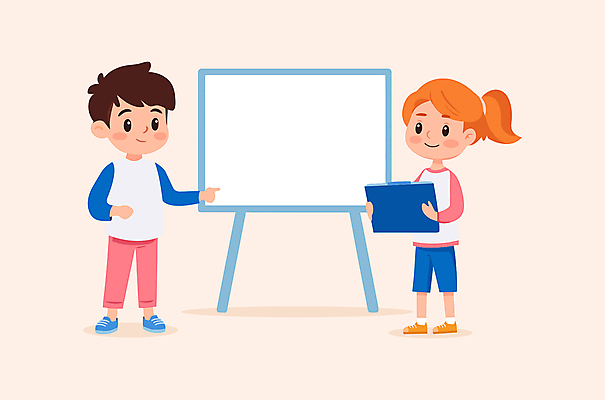 전신 학생 여자 남자 어린이 일러스트 수업 협력 미소 들기 소녀 소년 두명 노란색 칠판 발표 서류판 어린이만 카피스페이스 국내일러스트 AI파일 교육 컬러 모션 표정 사람 사무용품 공백 파일형식 벡터