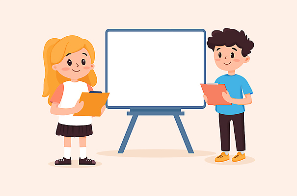 전신 학생 여자 남자 어린이 일러스트 수업 협력 미소 들기 소녀 소년 두명 노란색 칠판 발표 서류판 어린이만 카피스페이스 국내일러스트 AI파일 교육 컬러 모션 표정 사람 사무용품 공백 파일형식 벡터