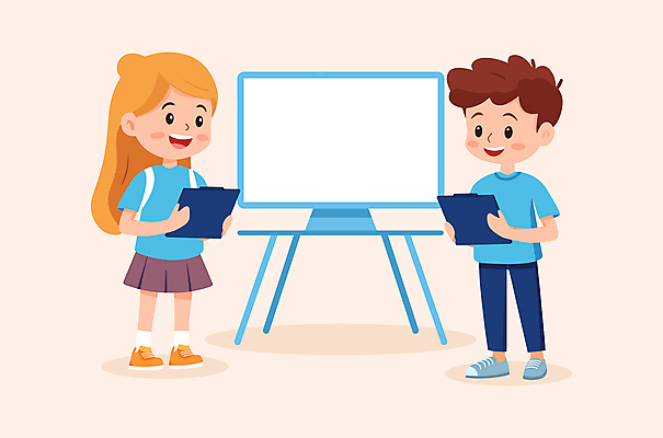 전신 학생 여자 남자 어린이 일러스트 수업 협력 미소 들기 소녀 소년 두명 노란색 칠판 발표 서류판 어린이만 카피스페이스 국내일러스트 AI파일 교육 컬러 모션 표정 사람 사무용품 공백 파일형식 벡터