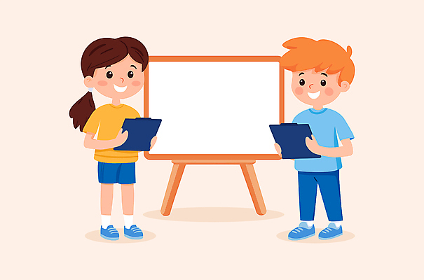 전신 학생 여자 남자 어린이 일러스트 수업 협력 미소 들기 소녀 소년 두명 노란색 칠판 발표 서류판 어린이만 카피스페이스 국내일러스트 AI파일 교육 컬러 모션 표정 사람 사무용품 공백 파일형식 벡터