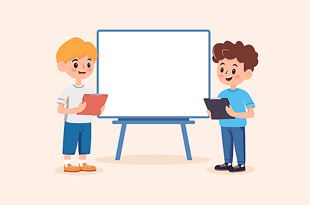 전신 학생 남자 어린이 일러스트 수업 협력 미소 들기 소년 두명 노란색 칠판 발표 서류판 소년만 카피스페이스 국내일러스트 AI파일 교육 컬러 모션 표정 사람 사무용품 공백 남자만 어린이만 파일형식 벡터