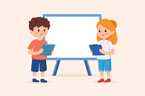 전신 학생 여자 남자 어린이 일러스트 수업 협력 미소 들기 소녀 소년 두명 노란색 칠판 발표 서류판 어린이만 카피스페이스 국내일러스트 AI파일 교육 컬러 모션 표정 사람 사무용품 공백 파일형식 벡터