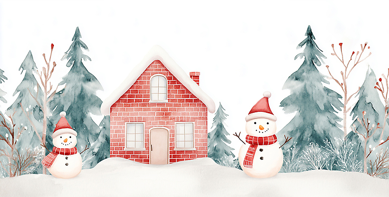 JPG 나무 모자 크리스마스 겨울 일러스트 눈사람 풍경 사람없음 목도리 흰색 눈 벽돌집 겨울풍경 국내일러스트 AI일러스트 AI콘텐츠 자연요소 식물 잡화 계절 기념일 컬러 날씨 주택 파일형식