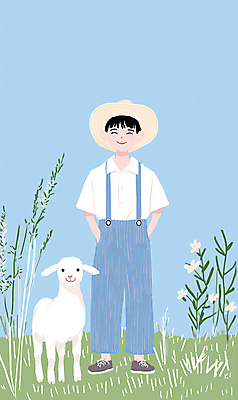 JPG 전신 남자 하늘색 일러스트 청소년 자연 한명 초원 농장 목장 시골 양 농부 멜빵바지 밀짚모자 십대남자한명만 국내일러스트 AI일러스트 AI콘텐츠 직업 모자_잡화 1 농업 바지 포유류 사람 파란색 멜빵 생태계 남자한명만 십대남자만 파일형식