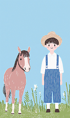 JPG 전신 남자 하늘색 일러스트 청소년 자연 한명 초원 농장 목장 시골 말_동물 농부 멜빵바지 밀짚모자 십대남자한명만 국내일러스트 AI일러스트 AI콘텐츠 직업 모자_잡화 1 농업 바지 포유류 사람 파란색 멜빵 생태계 남자한명만 십대남자만 파일형식