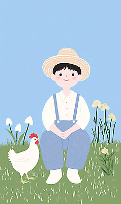 JPG 전신 남자 하늘색 일러스트 청소년 자연 한명 초원 농장 목장 시골 닭 농부 멜빵바지 밀짚모자 십대남자한명만 국내일러스트 AI일러스트 AI콘텐츠 직업 모자_잡화 1 농업 바지 조류 사람 파란색 멜빵 생태계 남자한명만 십대남자만 파일형식