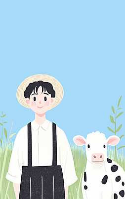 JPG 남자 하늘색 일러스트 청소년 자연 한명 초원 농장 목장 시골 소 농부 멜빵바지 밀짚모자 십대남자한명만 국내일러스트 AI일러스트 AI콘텐츠 직업 모자_잡화 1 농업 바지 포유류 사람 파란색 멜빵 생태계 남자한명만 십대남자만 파일형식