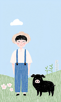 JPG 전신 남자 하늘색 일러스트 청소년 자연 한명 초원 농장 목장 시골 농부 멜빵바지 밀짚모자 흑돼지 십대남자한명만 국내일러스트 AI일러스트 AI콘텐츠 직업 모자_잡화 1 농업 바지 사람 파란색 돼지 멜빵 생태계 남자한명만 십대남자만 파일형식