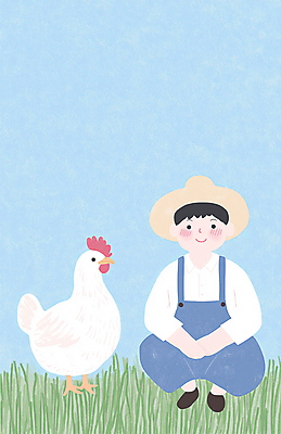 JPG 전신 남자 하늘색 일러스트 청소년 자연 한명 초원 농장 목장 시골 닭 농부 멜빵바지 밀짚모자 십대남자한명만 국내일러스트 AI일러스트 AI콘텐츠 직업 모자_잡화 1 농업 바지 조류 사람 파란색 멜빵 생태계 남자한명만 십대남자만 파일형식