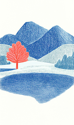 JPG 나무 호수 겨울 일러스트 자연 산 풍경 사람없음 파란색 반사 추위 스케치 국내일러스트 AI일러스트 AI콘텐츠 식물 계절 컬러 미술 생태계 파일형식