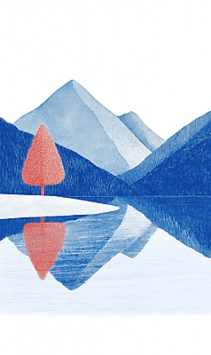 JPG 나무 호수 겨울 일러스트 자연 산 풍경 사람없음 파란색 반사 추위 스케치 국내일러스트 AI일러스트 AI콘텐츠 식물 계절 컬러 미술 생태계 파일형식