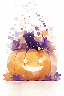 JPG 잎 일러스트 호박 수채화 사람없음 보라색 주황색 고양이 할로윈 가을 잭오랜턴 국내일러스트 AI일러스트 AI콘텐츠 식물 계절 컬러 채소 포유류 반려동물 파일형식