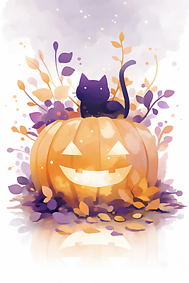 JPG 잎 일러스트 호박 수채화 사람없음 보라색 주황색 고양이 할로윈 가을 잭오랜턴 국내일러스트 AI일러스트 AI콘텐츠 식물 계절 컬러 채소 포유류 반려동물 파일형식