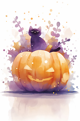 JPG 잎 일러스트 호박 수채화 사람없음 보라색 주황색 고양이 할로윈 가을 잭오랜턴 국내일러스트 AI일러스트 AI콘텐츠 식물 계절 컬러 채소 포유류 반려동물 파일형식