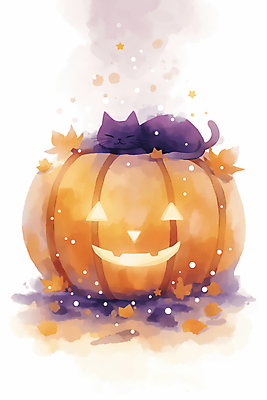 JPG 잎 일러스트 호박 수채화 사람없음 보라색 주황색 고양이 할로윈 가을 잭오랜턴 국내일러스트 AI일러스트 AI콘텐츠 식물 계절 컬러 채소 포유류 반려동물 파일형식