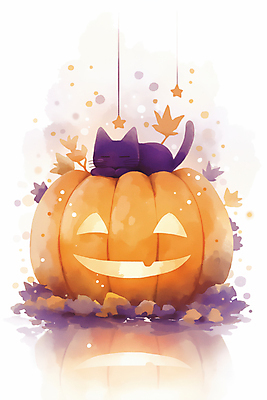JPG 잎 일러스트 호박 수채화 사람없음 보라색 주황색 고양이 할로윈 가을 잭오랜턴 국내일러스트 AI일러스트 AI콘텐츠 식물 계절 컬러 채소 포유류 반려동물 파일형식