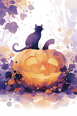 JPG 잎 일러스트 호박 수채화 사람없음 보라색 주황색 고양이 할로윈 가을 잭오랜턴 국내일러스트 AI일러스트 AI콘텐츠 식물 계절 컬러 채소 포유류 반려동물 파일형식