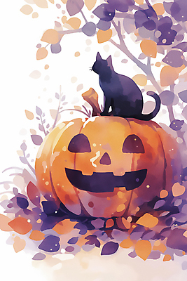 JPG 잎 일러스트 호박 수채화 사람없음 보라색 주황색 고양이 할로윈 가을 잭오랜턴 국내일러스트 AI일러스트 AI콘텐츠 식물 계절 컬러 채소 포유류 반려동물 파일형식