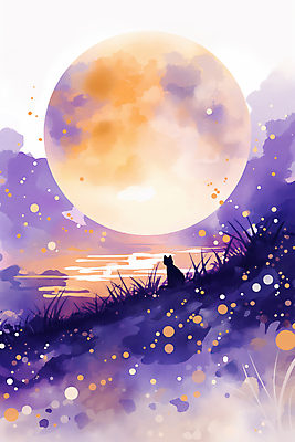 JPG 일러스트 밤하늘 수채화 풍경 초원 사람없음 보라색 주황색 고양이 할로윈 보름달 국내일러스트 AI일러스트 AI콘텐츠 컬러 포유류 하늘 반려동물 달 야간 파일형식