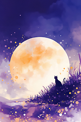 JPG 일러스트 밤하늘 수채화 풍경 초원 사람없음 보라색 주황색 고양이 할로윈 보름달 국내일러스트 AI일러스트 AI콘텐츠 컬러 포유류 하늘 반려동물 달 야간 파일형식