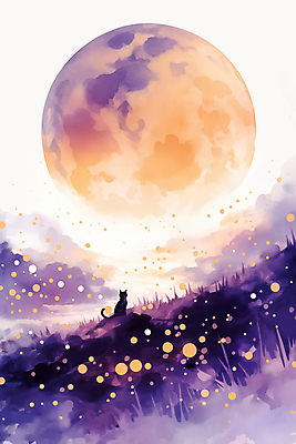 JPG 일러스트 밤하늘 수채화 풍경 초원 사람없음 보라색 주황색 고양이 할로윈 보름달 국내일러스트 AI일러스트 AI콘텐츠 컬러 포유류 하늘 반려동물 달 야간 파일형식