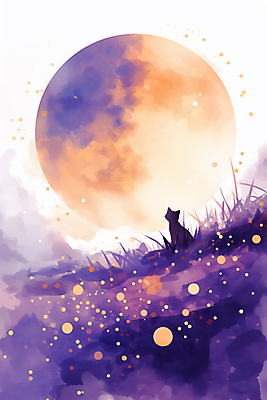 JPG 일러스트 밤하늘 수채화 풍경 초원 사람없음 보라색 주황색 고양이 할로윈 보름달 국내일러스트 AI일러스트 AI콘텐츠 컬러 포유류 하늘 반려동물 달 야간 파일형식