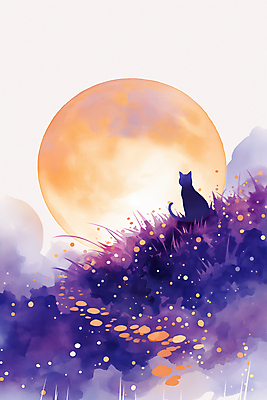 JPG 일러스트 밤하늘 수채화 풍경 초원 사람없음 보라색 주황색 고양이 할로윈 보름달 국내일러스트 AI일러스트 AI콘텐츠 컬러 포유류 하늘 반려동물 달 야간 파일형식