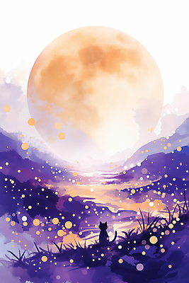 JPG 일러스트 밤하늘 수채화 풍경 초원 사람없음 보라색 주황색 고양이 할로윈 보름달 국내일러스트 AI일러스트 AI콘텐츠 컬러 포유류 하늘 반려동물 달 야간 파일형식