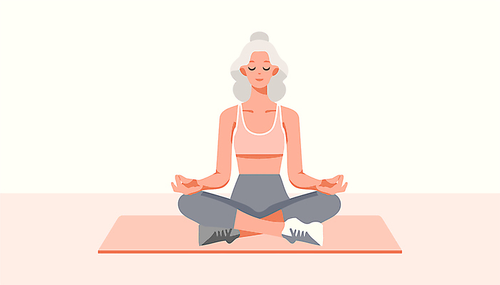 전신 여자 노년 일러스트 요가 건강 한명 운동복 운동 평화 눈감음 고요 매트 집중 명상 힐링 가부좌 노인여자한명만 국내일러스트 AI파일 1 웰빙 옷 컨셉 모션 사람 앉기 성인 여자한명만 노인여자만 파일형식 벡터